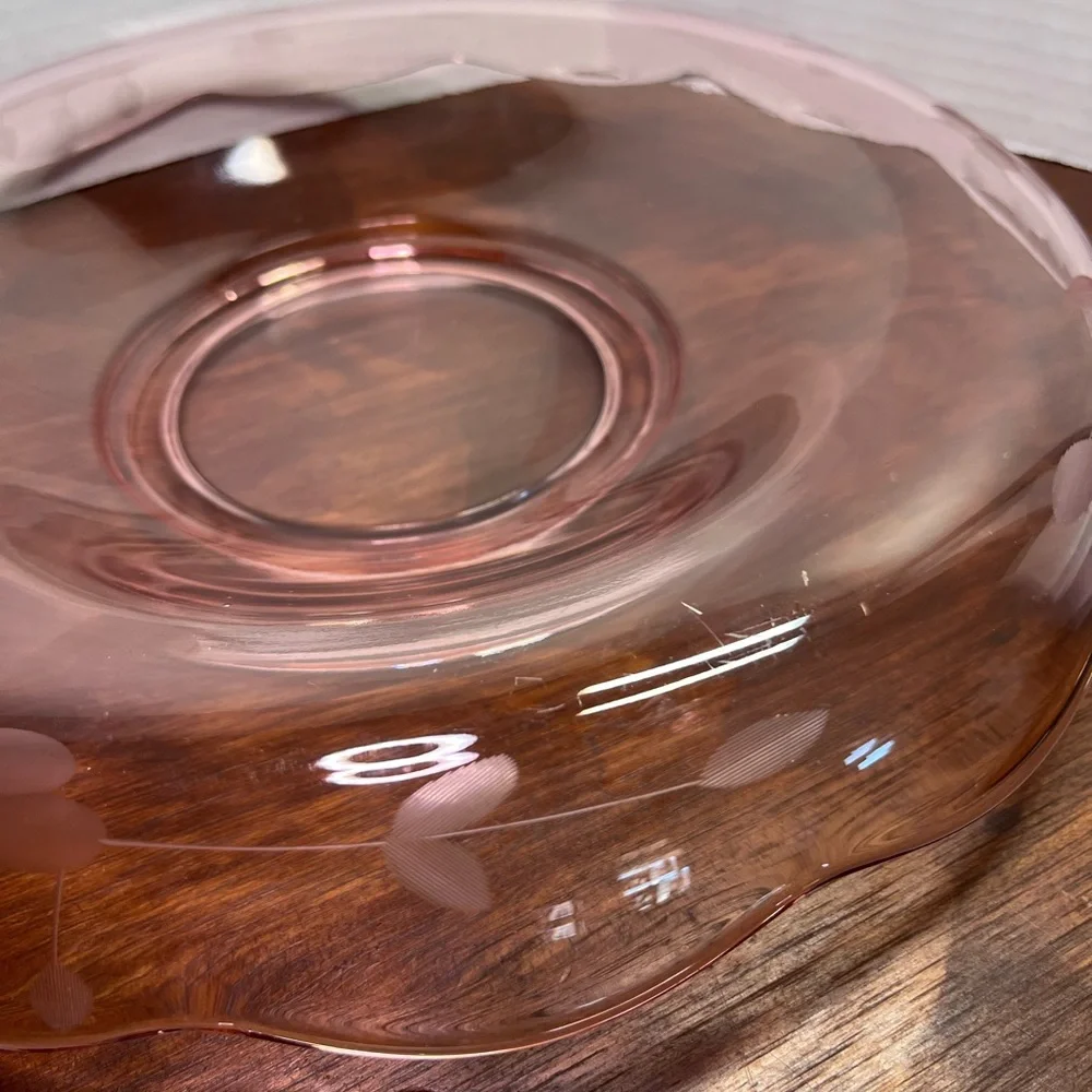 Vintage Cambridge Pink Depression Glass Console Bowl Acid Etched Floral 10.5”